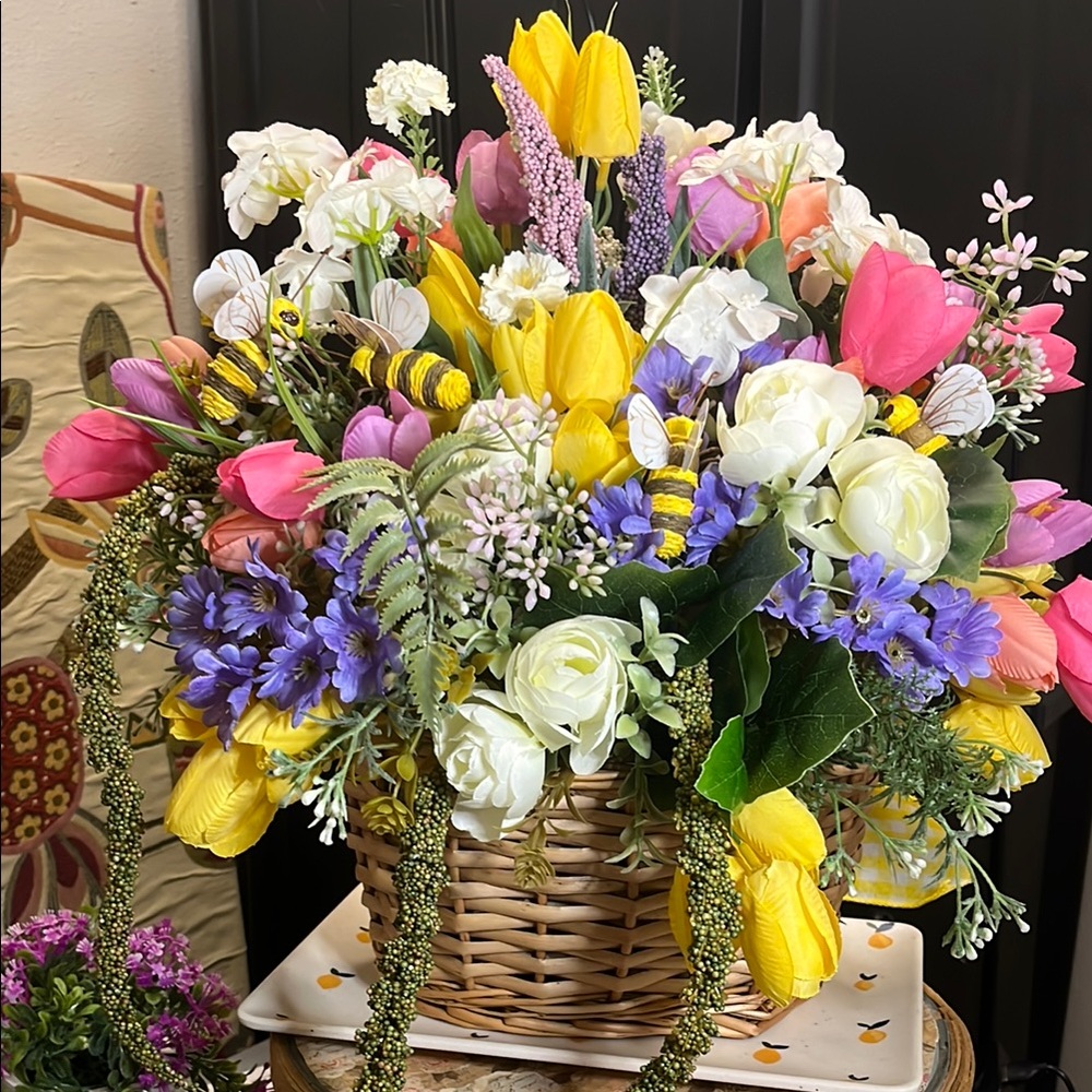 Handmade Floral Basket Door Hanger with honeybee accents